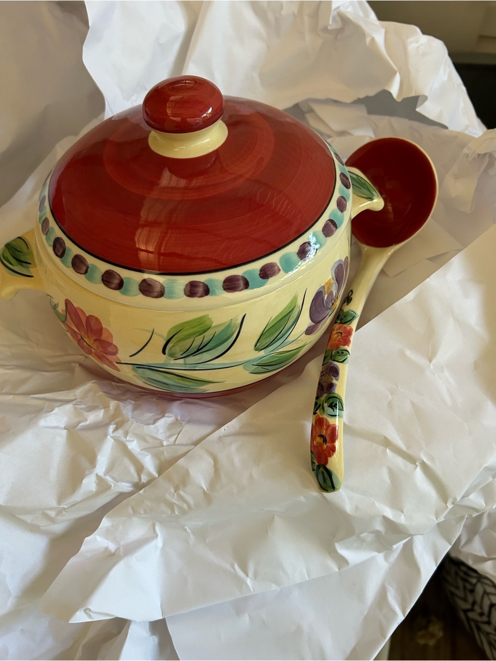 Hand-Painted Floral Soup Tureen with Matching Ladle in Red and Cream